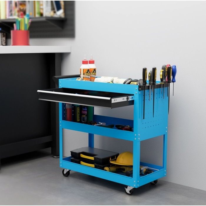 Servante datelier en acier bleu 3 niveaux avec tiroir coulissant 4 roues 82 x 35 x 76 cm charge 60 kg