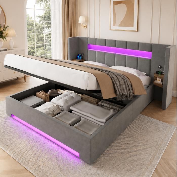 Lit coffre 180x200 cm - Lit adult pour 2persones avec USB et LED - rangement intégré - sommier et lattes inclus - velours gris