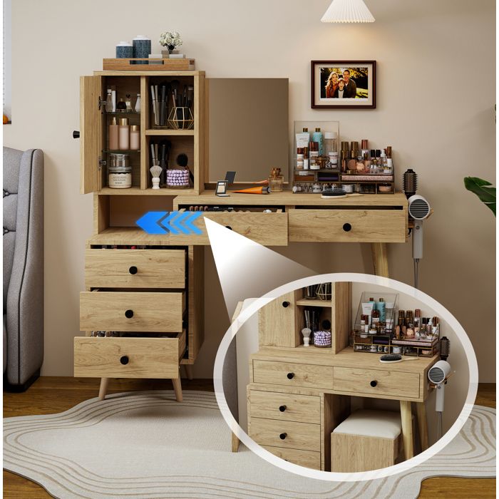 HOMVRA Coiffeuse avec miroir escamotable 5 tiroirs meuble latéral plateau extensible naturel et beige