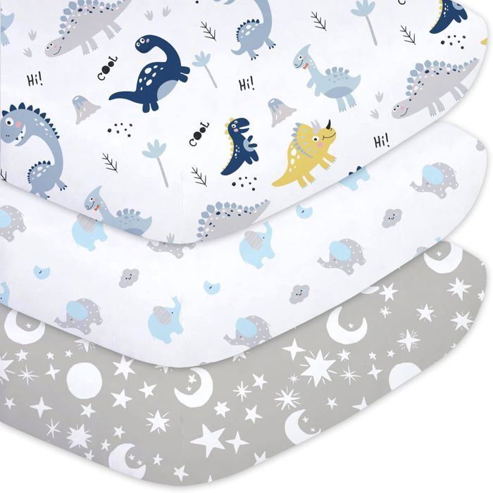 Lot de 3 draps housses bébé 60 x 120 cm - microfibre polyester certifié Oeko-TEX - motif dinosaure