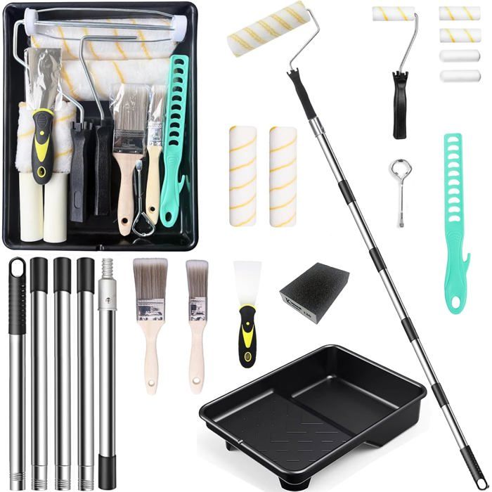 Set peinture 9 + 4 pouces - rouleau + pinceau + manche télescopique acier inoxydable + bac