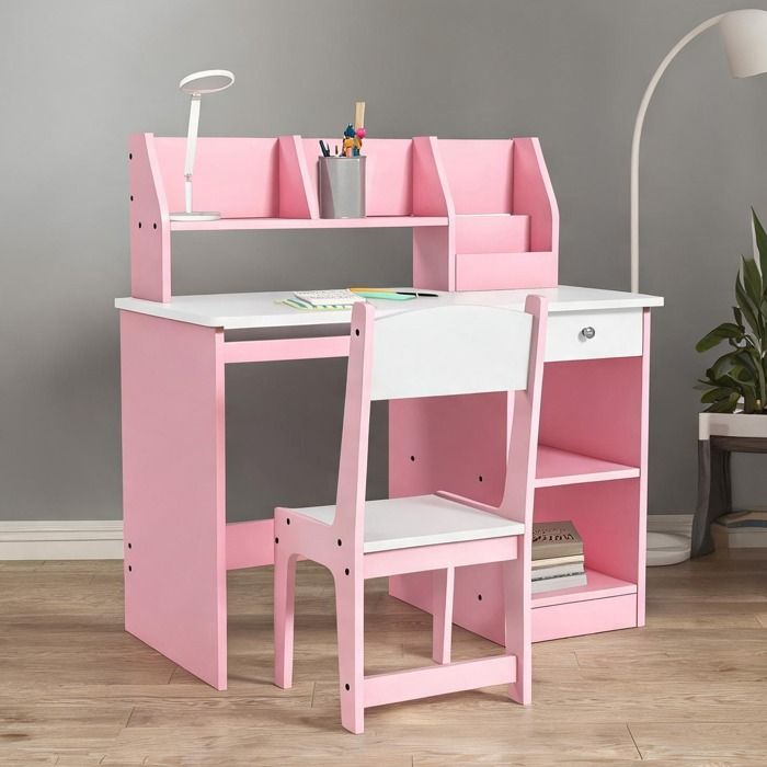 Ensemble bureau et chaise enfant 90 cm MDF rose 5-8 ans tiroir et étagères