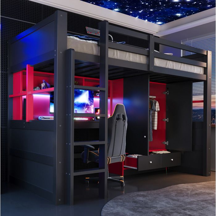 Lit Mezzanine avec Bureau Armoire Tiroirs et Échelle Droite - TCQPZ - LED et Prises - Bois - Noir et Rouge