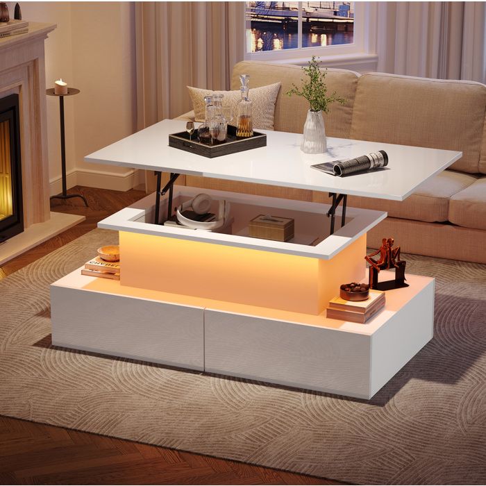 Table Basse Blanche LED Meuble De Salon FloraGrace Pour Salon Ou Bureau 4 Tiroirs Et Rangement Cache 90x55x41cm