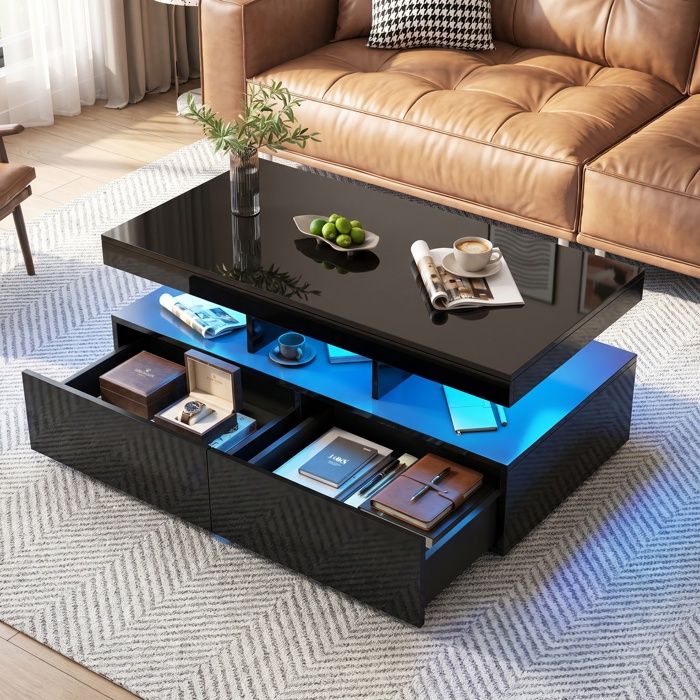 Table Basse Salon Design avec LED et 2 Tiroirs Table Basse avec Rangement et Compartiment de Stockage Laqué Noir 104 x 53 x 46 cm