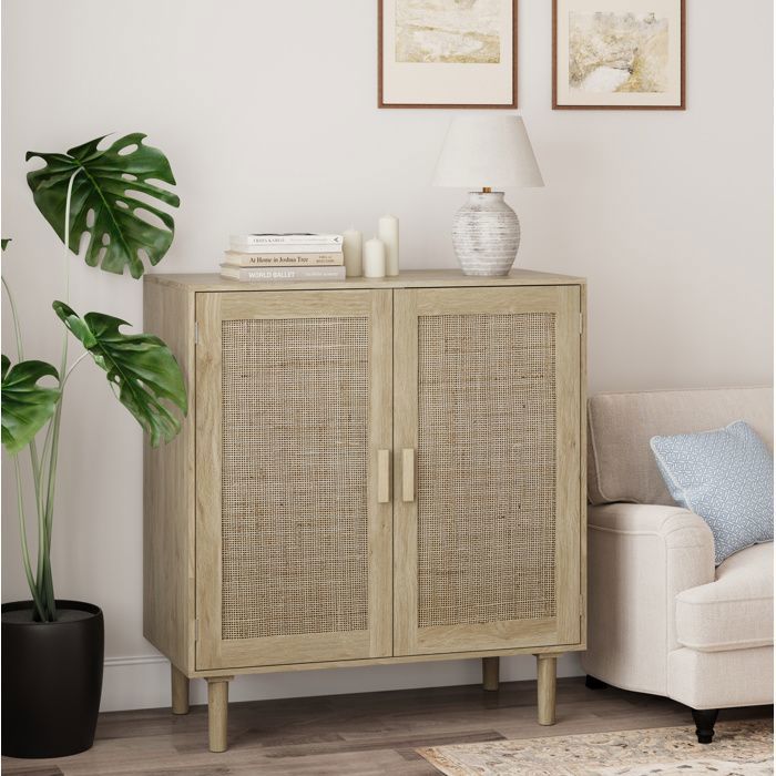 MEUBLIV Buffet bas 80 cm 2 portes en rotin naturel meuble de rangement en MDF et bois massif