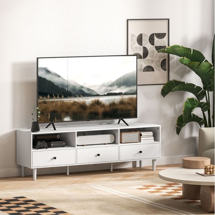 VUENOR meuble TV blanc 140 x 34 x 45 cm en bois - 3 tiroirs et passe-cables