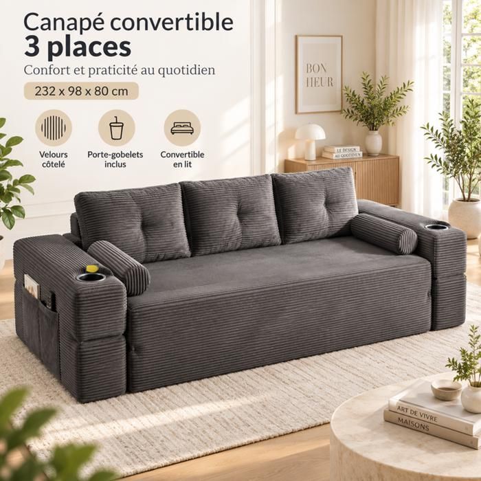 Canapé convertible - SOGEU - 232x98x80 cm banquette lit - Velours côtelé gris foncé - Mousse 30D - Porte-gobelets poches