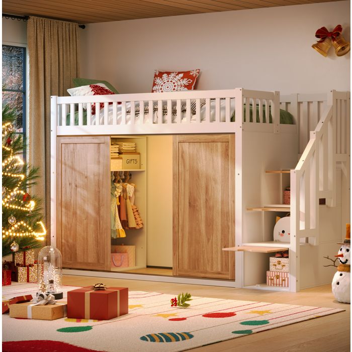 Lit mezzanine enfant 90×200 cm avec armoire escalier de rangement bande LED sans matelas - MODENVIE - blanc et bois chêne