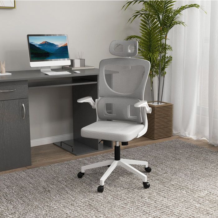 Chaise de bureau ergonomique réglable en hauteur avec accoudoirs têtière soutien lombaire mesh gris JOINERY