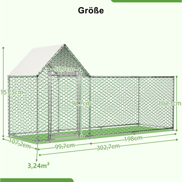 Poulailler enclos pour petits animaux 3 x 1 x 1 5 m acier galvanisé bâche PE imperméable toit incliné JOINERY