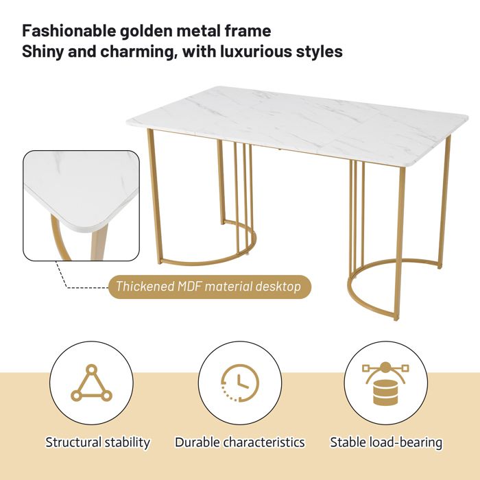 Ensemble table et chaises - ZEVKOR - 5 pièces (140x80x75 cm) - Beige et doré - Plateau effet marbre - Métal/MDF