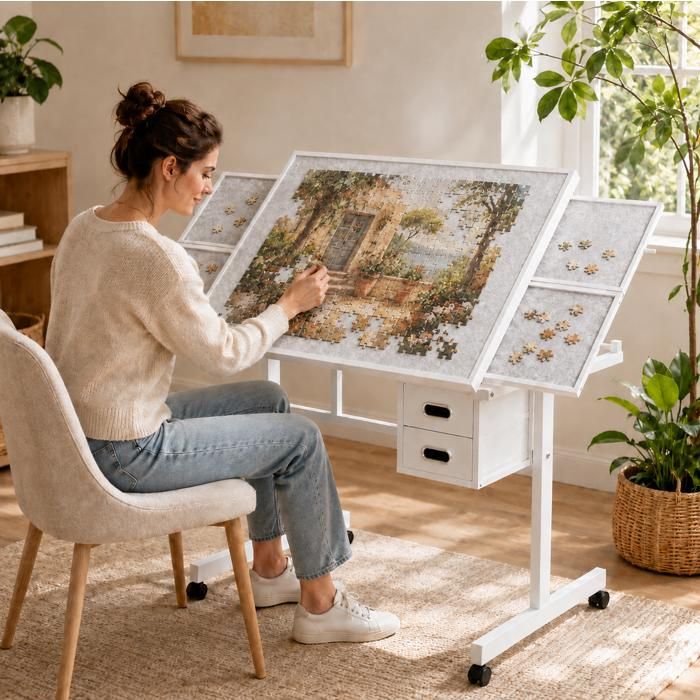 Bureau rehausseur inclinable AESVAR blanc avec tiroirs rangements latéraux et roulettes