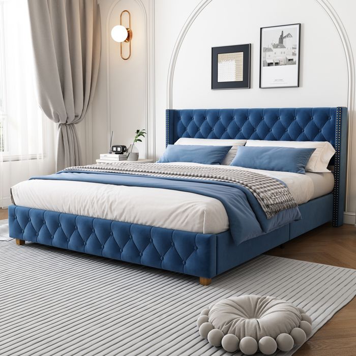 Lit rembourré velours bleu 160x200cm capitonnage boutons et rivets structure robuste livré en 2 colis sans matelas design élégant