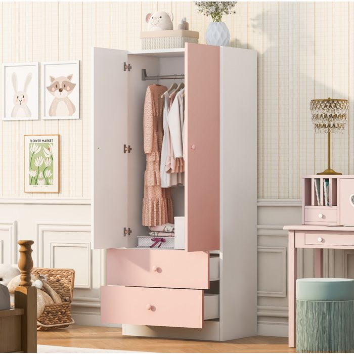 Armoire penderie 2 tiroirs et espace de penderie - BEAUNIV - Moderne Chambre Rose et blanc Bois 70×40×170 cm