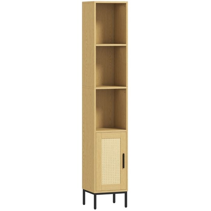 Meuble colonne de salle de bain – Rangement étroit – Porte effet rotin – Bois naturel
