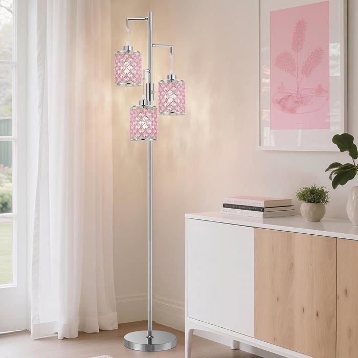 Lampadaire 3 lumières abat-jour cristal K9 douille E27 178 cm interrupteur rotatif base métal lestée chambre et salon