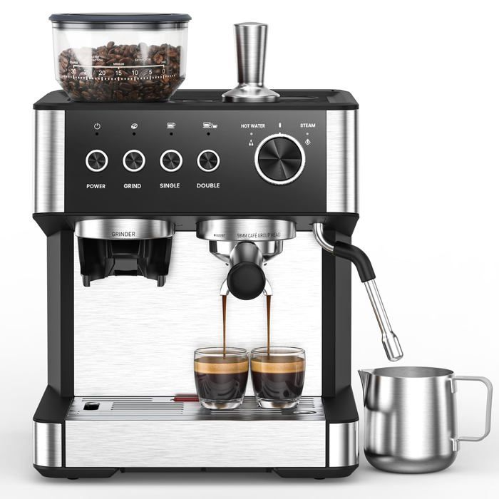 Machine expresso avec broyeur - 15 bars - 58 mm - Buse vapeur 360° - 30 moutures - 23 L - 200 g - Inox