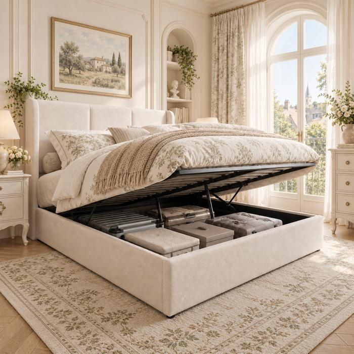 Lit coffre 160x200 cm avec grand espace de rangement lit capitonné double avec sommier à lattes en métal 2 Personnes lin beige