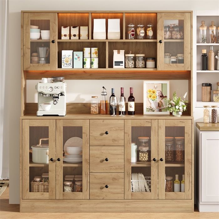 Buffet 150 x 40 x 173 cm - Armoire de cuisine haute avec portes vitrées 3 tiroirs LED et prises - Bois naturel Buffet 150 x 40 x 173 cm - Armoire de cuisine haute avec portes vitrées 3 tiroirs LED et prises - Bois naturel