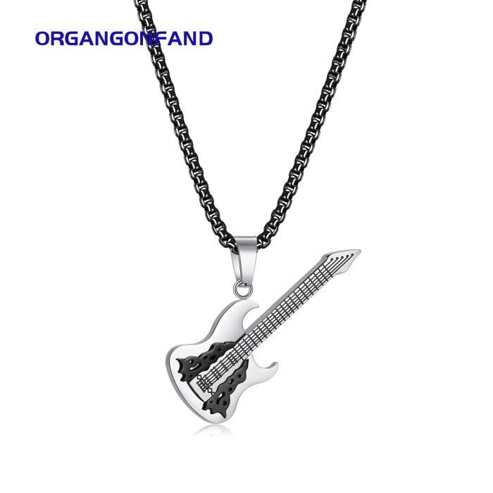 Pendentif Guitare Musique – Collier En Cuir Noir – Métal Fonte Alu – Fantaisie