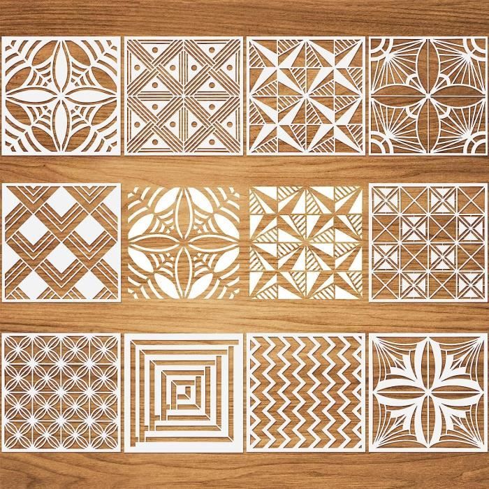 Pochoirs Géométriques Lavables - Lot De 9 Motifs 15x15 Cm - Pour Peinture, Scrapbooking, Déco - Matériau PET Réutilisable - 7