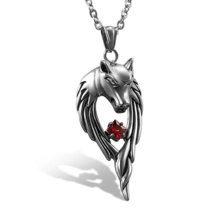 Collier Tête De Loup Acier Inoxydable - Style Biker, Gothique - Cadeau Homme Garçon - Or/Argent/Noir