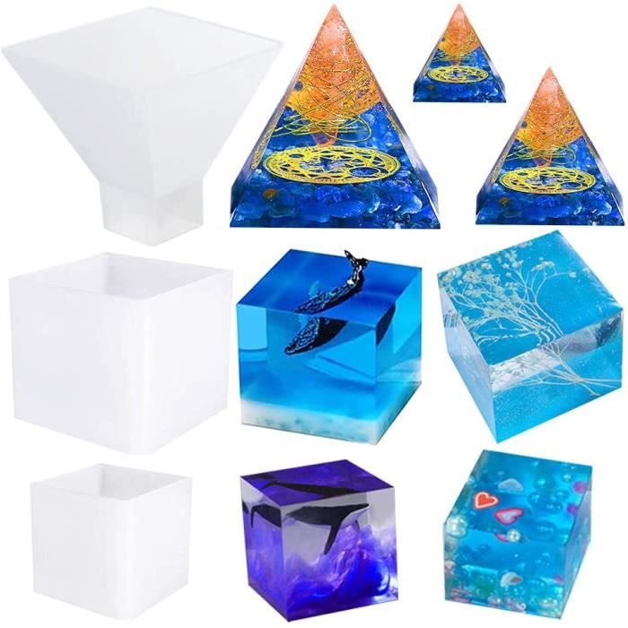 HEALLILY Lot de 4 grands moules en silicone transparents pour moulage de résine avec sphère carrée diamant pyramide 