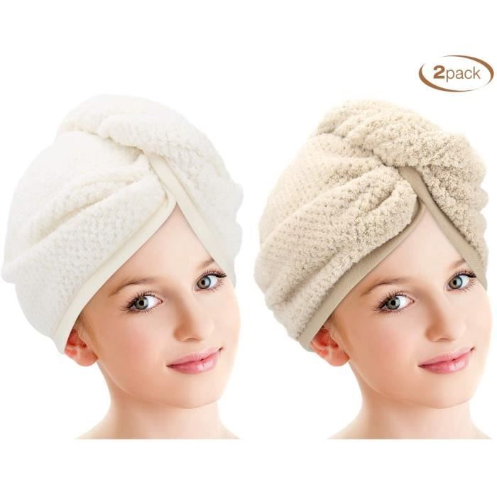 Lot de 2 serviettes turban super absorbantes avec bouton pour le bain Pour femme et fille Marron