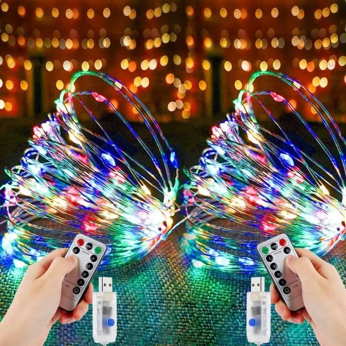 8 modes Lot de 2 guirlandes lumineuses USB LED Veilleuse pour Noël éclairage intérieur Décoration DIY fête chambre à coucher mariage 200 LED blanc chaud balcon 10 m 