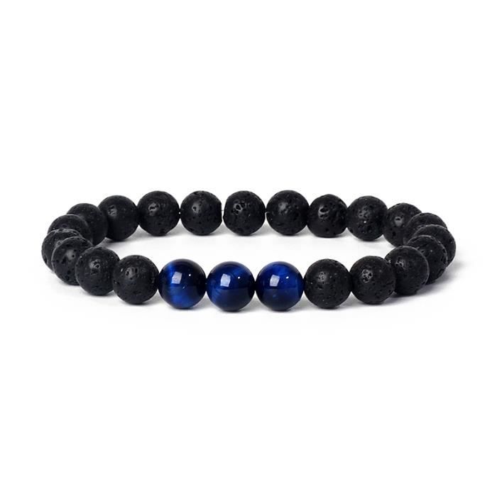 Bracelet Perles Pierre De Lave Et œil De Faucon Bleu - Sur Mesure - Neuf Sans Emballage