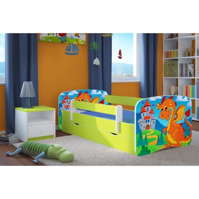 Lit Enfant Dragon Et Chateau 70 Cm X 140 Cm Avec Barriere De Securite Sommier Tiroirs Matelas Offert Vert Citron Cdiscount Maison