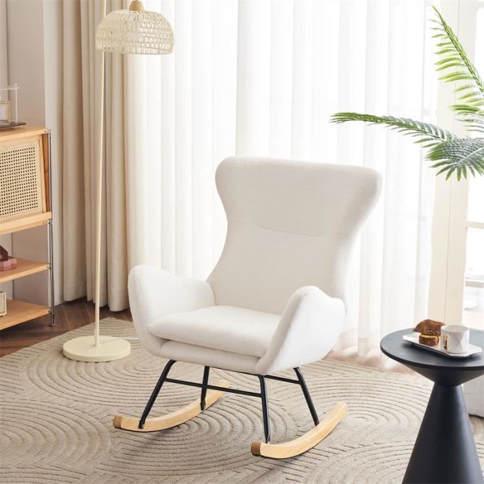 fauteuil à bascule en velours teddy, rocking chair avec haut dossier, fauteuil allaitement, pieds en bois massif, 68x96x90cm blanc