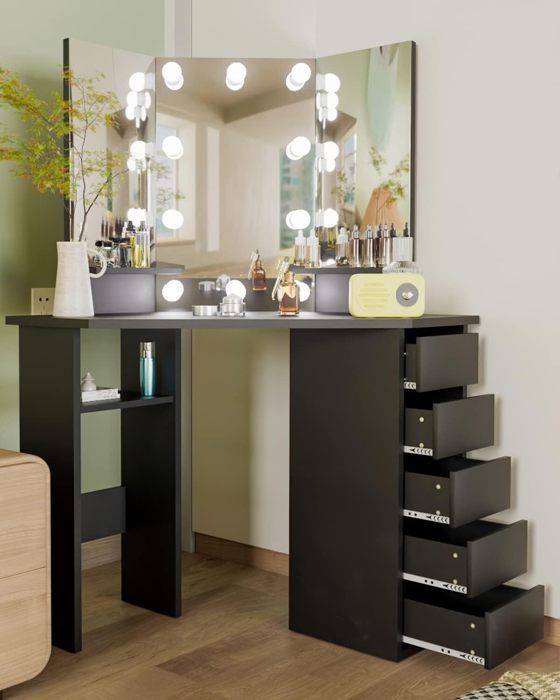 coiffeuse miroir et led - homdox - coiffeuse d'angle noir - 112x50x143cm - 5 tiroirs - étagère - coiffeuse pour femme style moderne