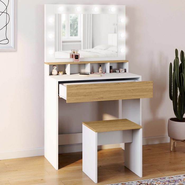 IDMARKET Coiffeuse ZELIA blanc et hêtre miroir LED avec 4 niches 1 tiroir et tabouret IDMARKET Coiffeuse ZELIA blanc et hêtre miroir LED avec 4 niches 1 tiroir et tabouret