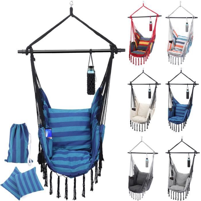 miadomodo® chaise hamac - max 150kg, coussins, en bleu - fauteuil suspendu, balançoire, jardin, balcon, intérieur/extérieur