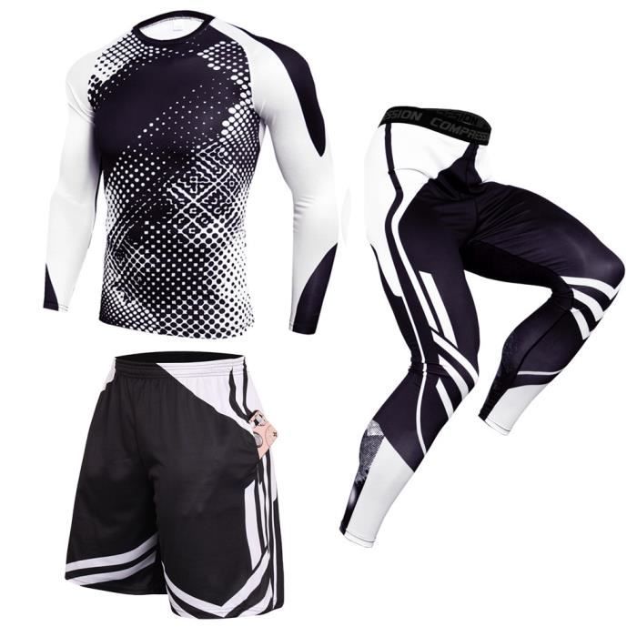Ensemble Compression Sport Homme 3 Pièces - Haut Manches Longues + Legging + Short, Séchage Rapide, Fitness