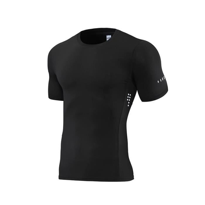 Tee Shirt Compression Homme INSFITY - Running Manches Courtes Noir -  Stretch Serré Séchage Rapide