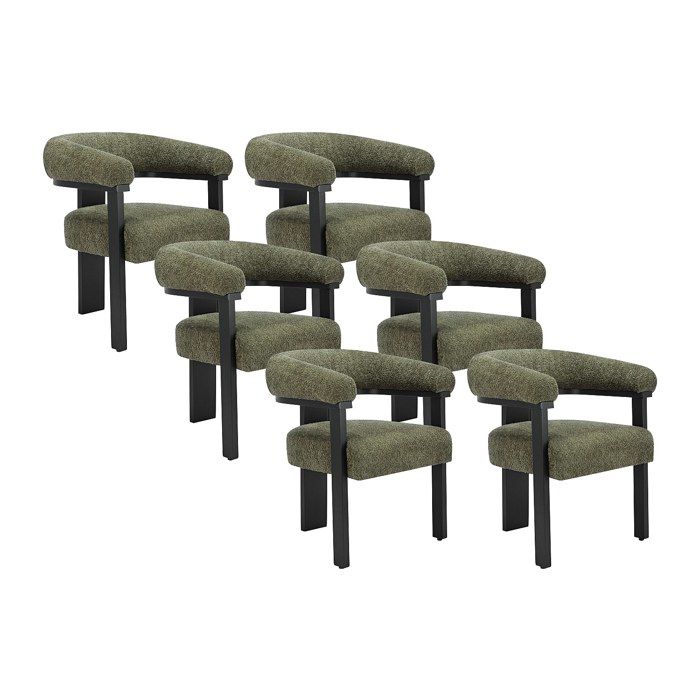 Lot de 6 chaises avec accoudoirs en tissu bouclette et bois dhévéa noir - Kaki - LIVELIA