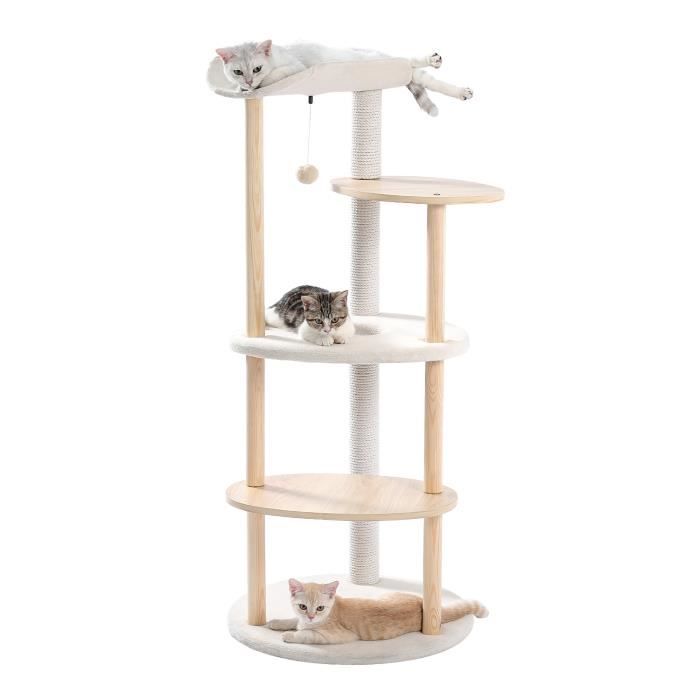 Arbre A Chat En Bois Naturel Design Et Contemporain Arbre A Chat Moderne Blanc Beige 124cm Cdiscount Animalerie