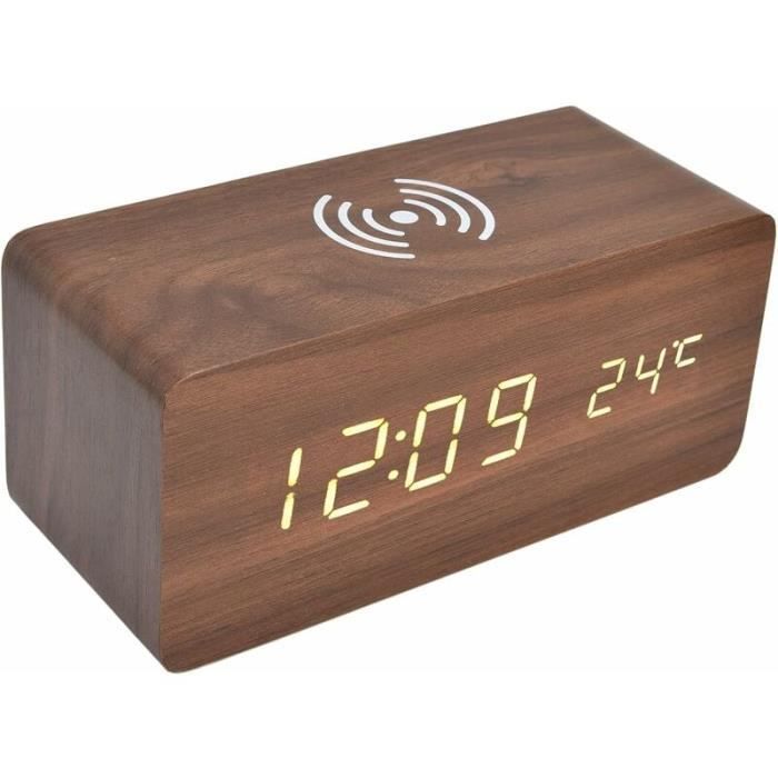 Réveil numérique en bois - PZCC - Radio-réveil LED - Chargement sans fil - Détection température - 3 alarmes