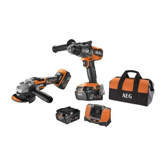 Pack perceuse-visseuse à percussion + meuleuse 125 mm - AEG POWERTOOLS - 18 V - Avec batteries, char