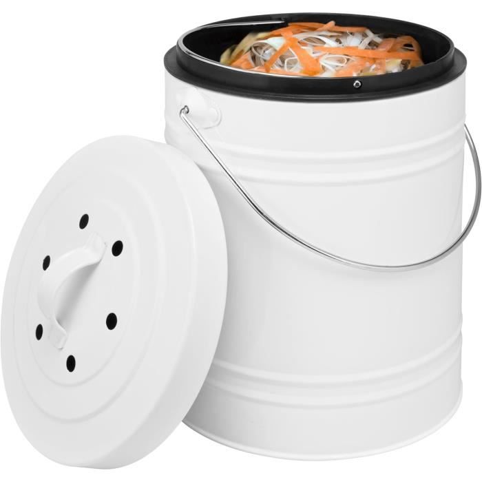 Poubelle à Compost De Cuisine 5L - Compacte, Blanche, Avec Couvercle - Parfaite Pour Salle De Bain Et Rangement