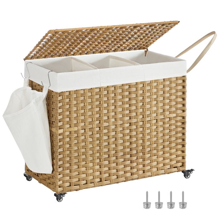 SONGMICS Panier à Linge avec Couvercle 160 L avec Roulettes 3 Compartiments Sac Intérieur Amovible 76 x 33 x 66 cm Naturel