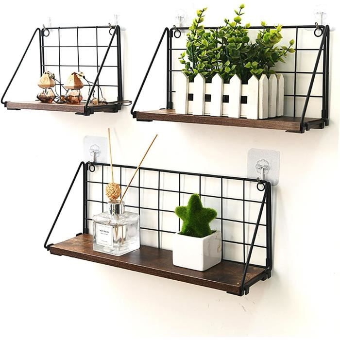 Etagere Cuisine Murale 3 étagères Murales Bois Noir - Étagères Flottantes Salon Cuisine Salle De Bain Rangement Mural Déco