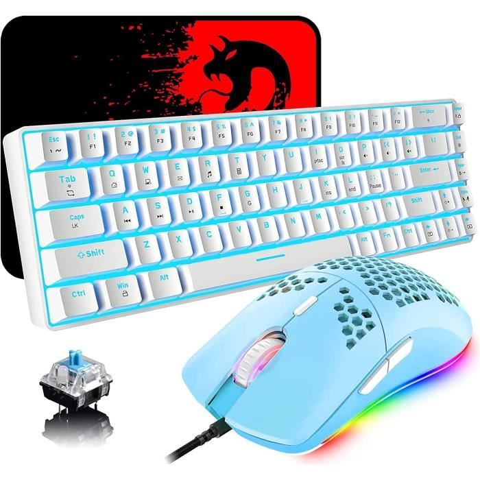 Mini clavier mécanique 60 % avec interrupteur bleu, clavier de jeu  rétroéclairé bleu glace, clavier d'ordinateur de bureau portable, petits  claviers