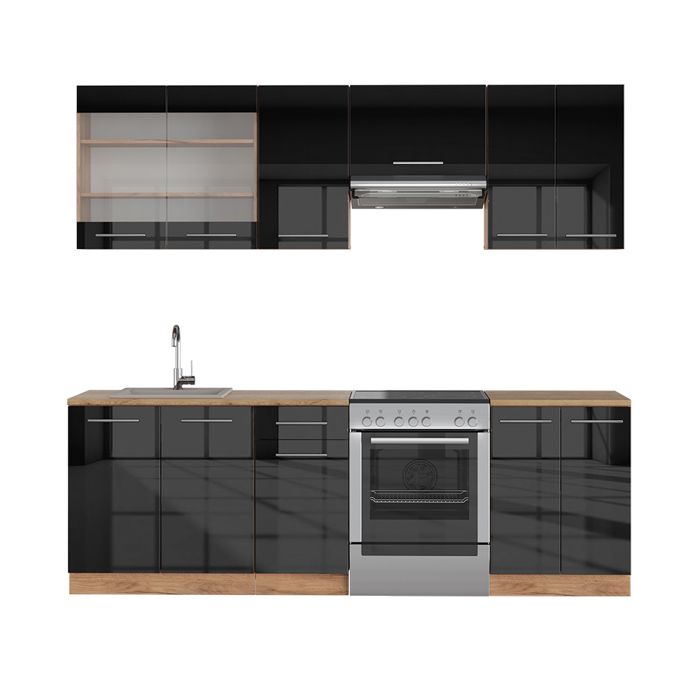Vicco cuisine Fame-Line, bleu foncé brillant/chêne doré, 300 cm avec