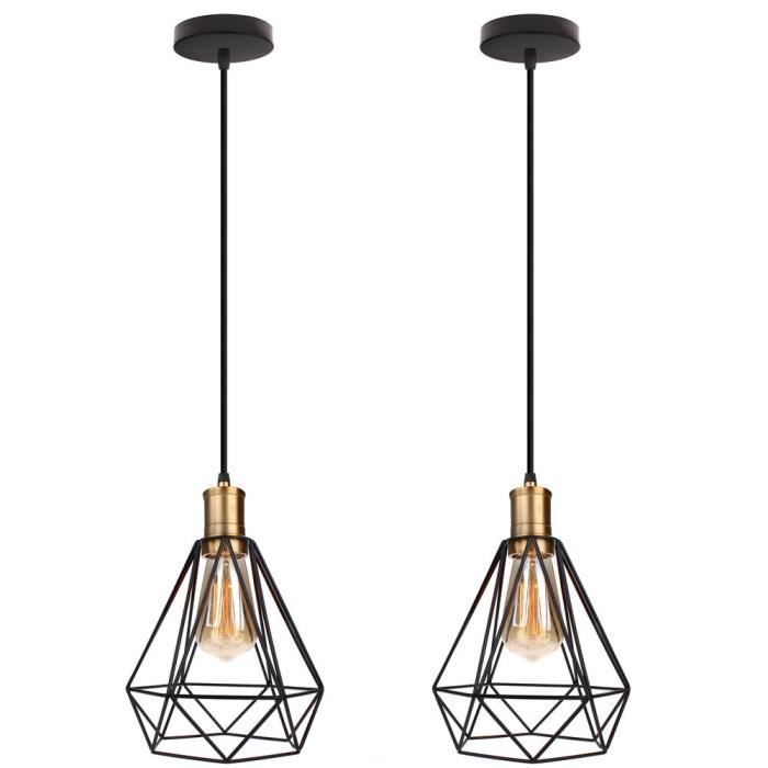 Suspension Industrielle Diamant 20cm Noir - WOTTES - 2 Ampoules - Fer Forgé