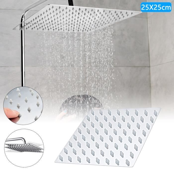 Pommeau De Douche Pluie Carré 20x20cm - Anti-calcaire, Acier Inox 304 - Haute Pression - Rotation 360°