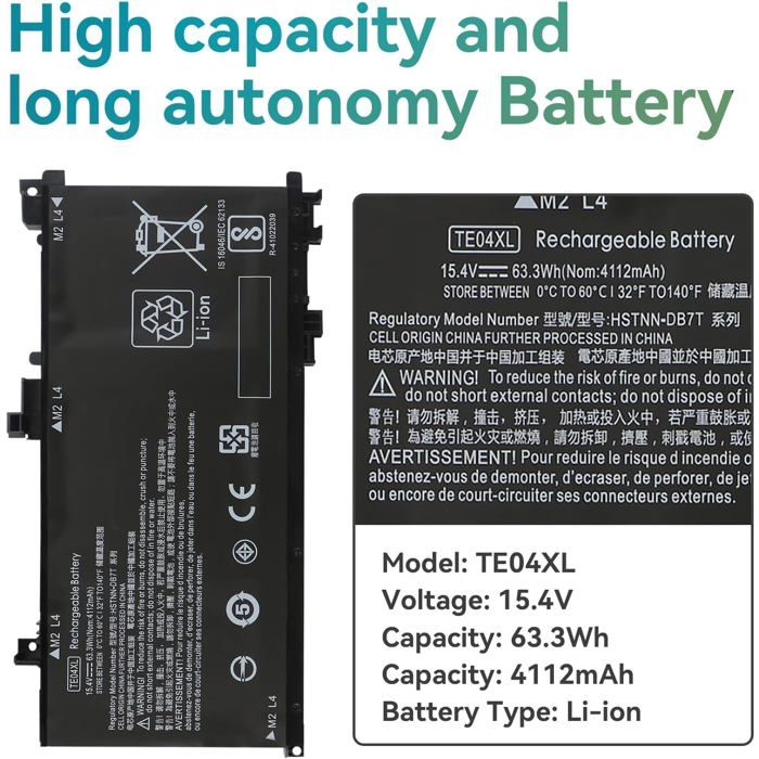 Batteria TE04XL Per HP Omen 15 E Pavilion 15-bc – 4100mAh, 15.4V, Ricambio Originale Per Lunga Durata (Sostituisce TE04061XL) - 3